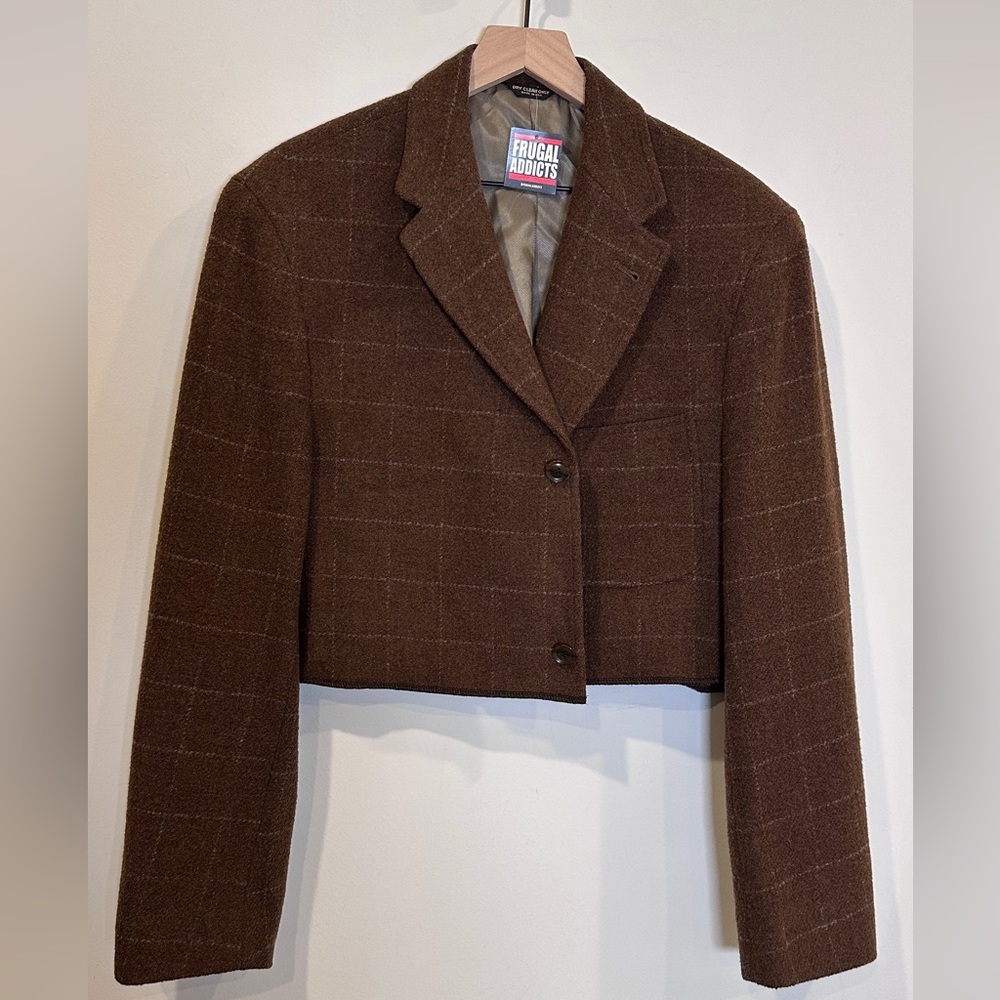 Bill Blass Brown & Gray Windowpane Pattern Wool Upcycled Stylish Cropped Blazer